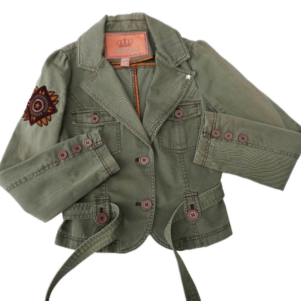 Vintage Military Khaki Jacket Cotton Belted Fitted Puff Sleeves Patches Star S - Picture 2 of 6
